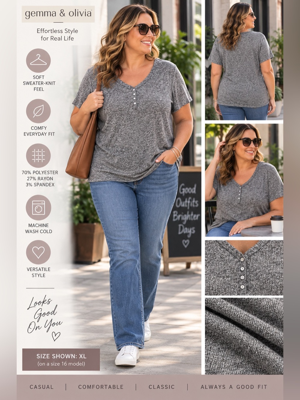 Gemma & Olivia Plus-Size Gray Short-Sleeve Henley Tee